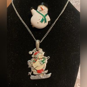 SNOWMAN PENDANT WITH SILVER TONE CHAIN NECKLACE AND SNOWMAN PIN - BOTH UNSIGNED